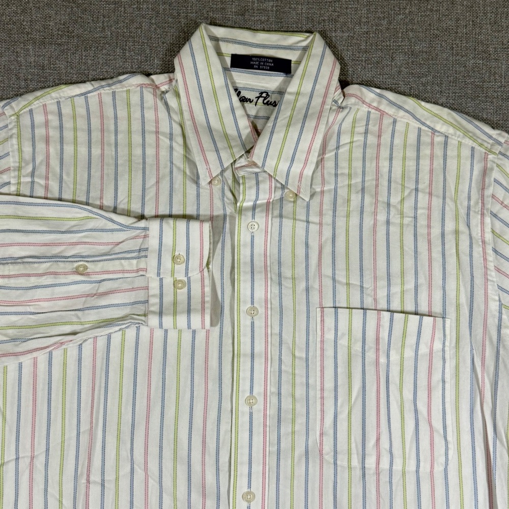 Alan Flusser Button Down Shirt Mens‎ L White Pastel Stripe Preppy Coastal Oxford